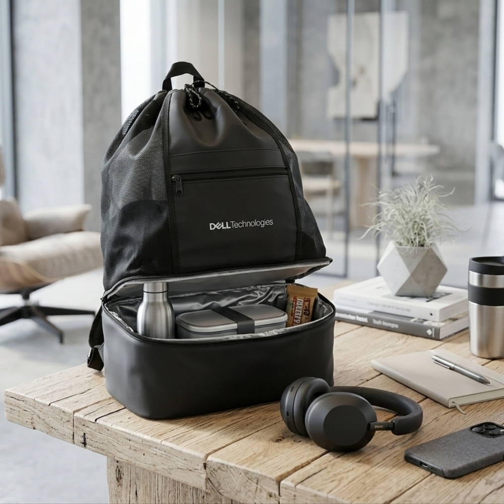 Dell Drawstring Black and Gray Tech Backpack With Thermo Space Medium Size